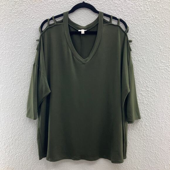 Charming Charlie Olive Green Lightweight Cold Shoulder V Neck Blouse Shirt Top - Picture 1 of 6